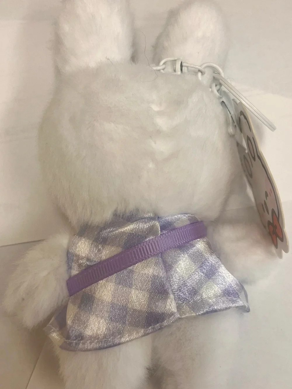 miffy White Plush Bunny with Purple Gingham Dress and Rainbow Charm